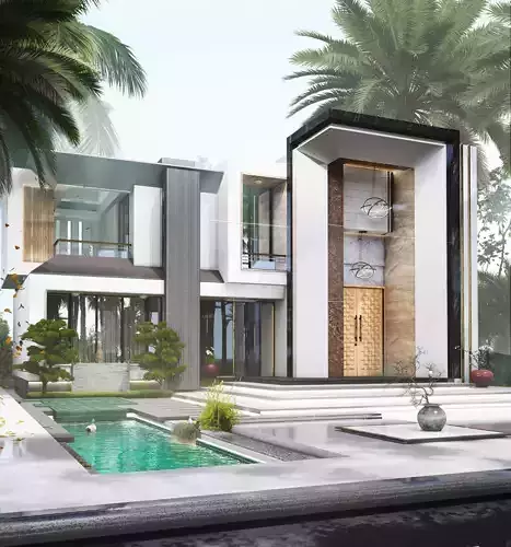 modern villa with landscape Low-poly 3D model