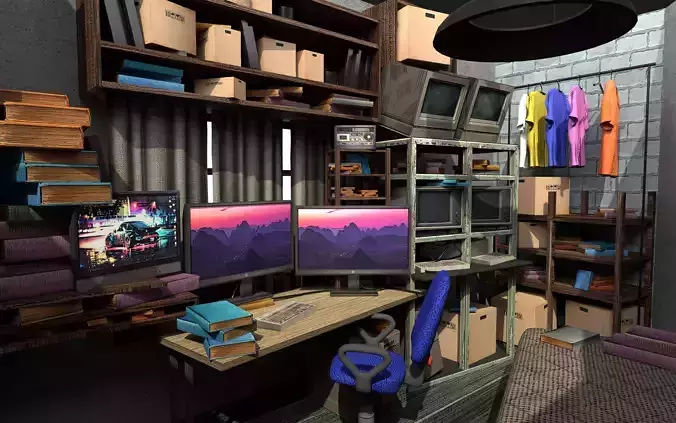 Stylised Hacker computer bedroom UE5 Low-poly 3D model