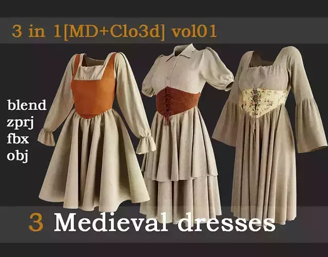3 Medieval dresses for women vol01