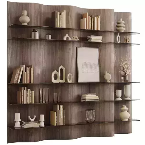 Partition Wave Wooden Shelves Decorative With Book and Plant 19  3D model