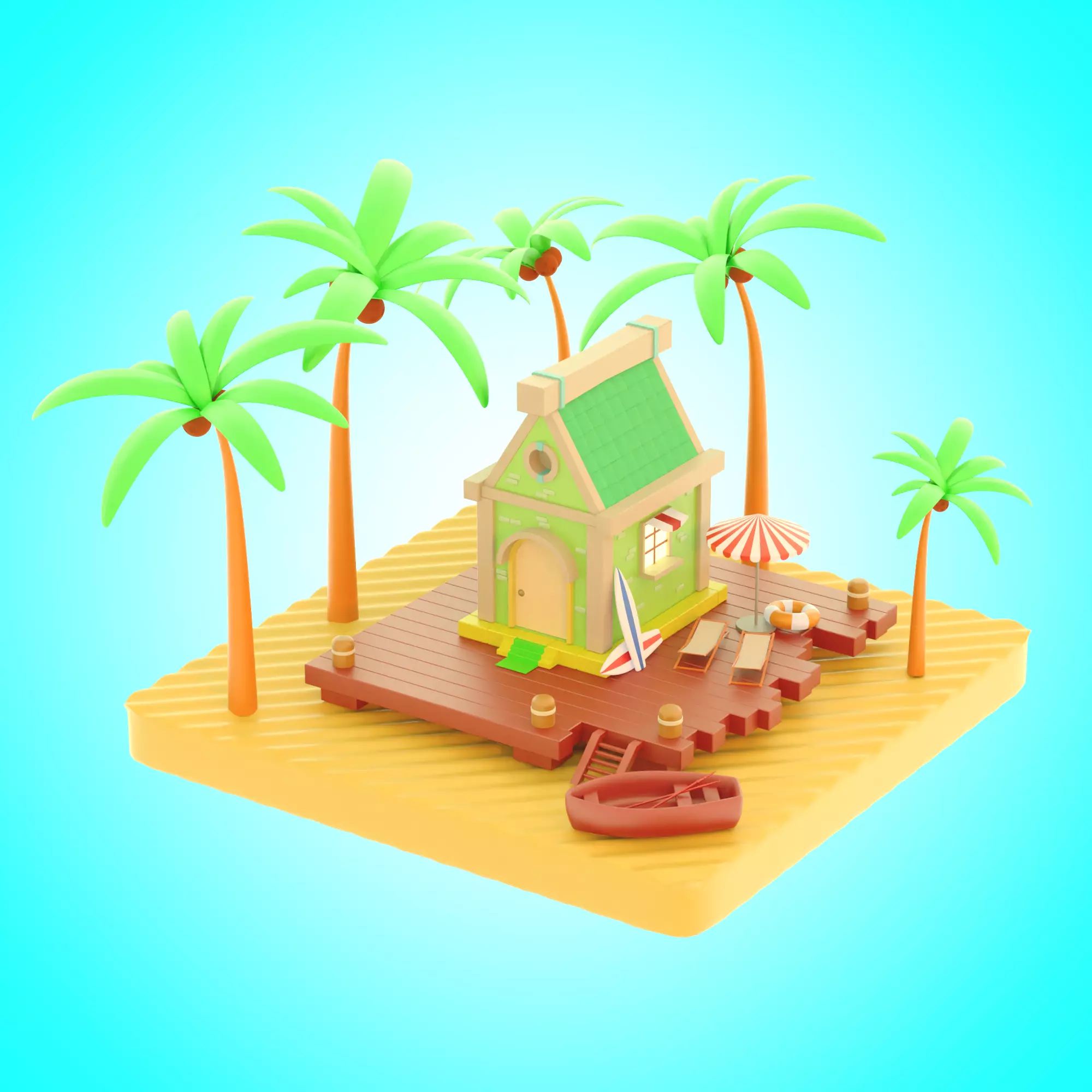Beach house with high poly objects Low-poly 3D model_0