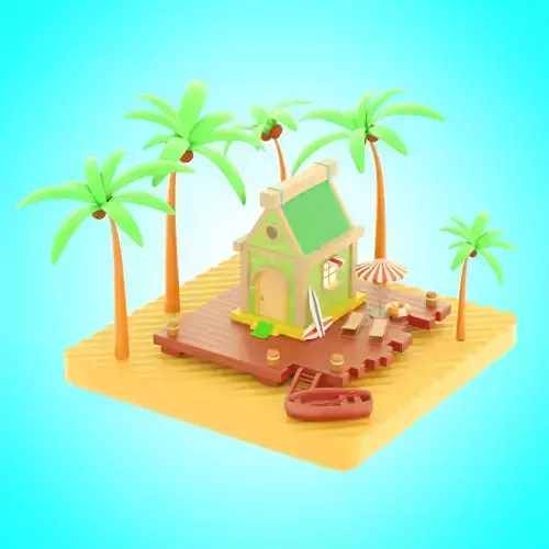 Beach house with high poly objects