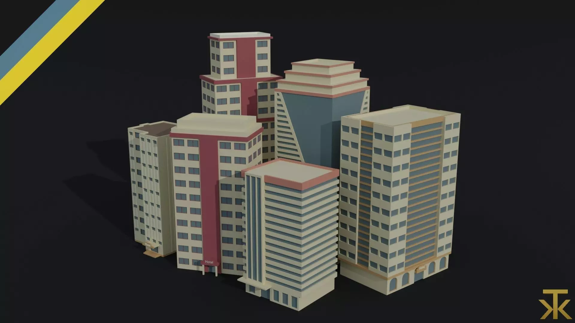 Cartoon city hotel kit Polygonal Style Low-poly 3D model