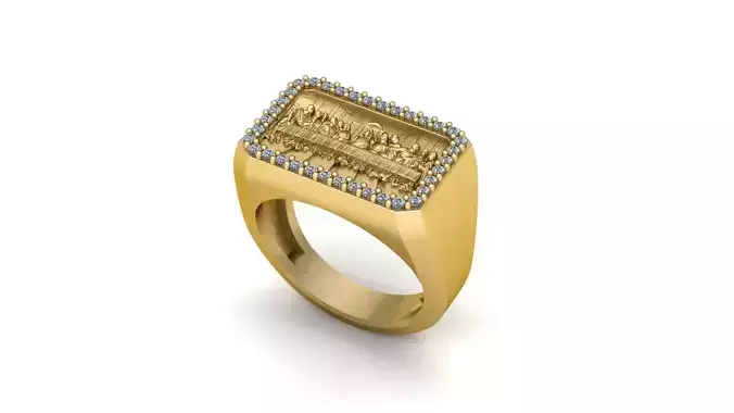 Last Supper Jesus Christ Signet Ring 18x12 mm with Diamonds