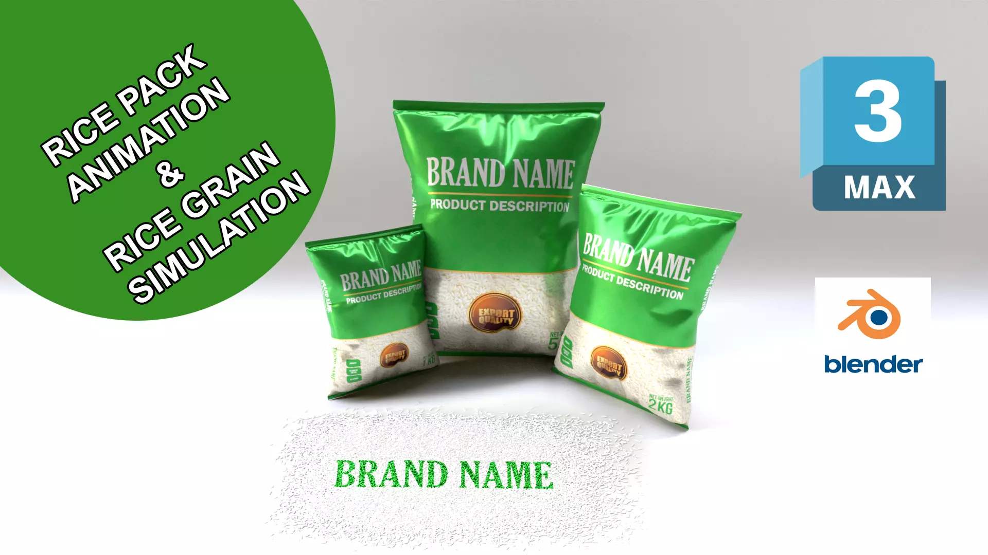 Rice pack animation and rice grain simulation 3D model