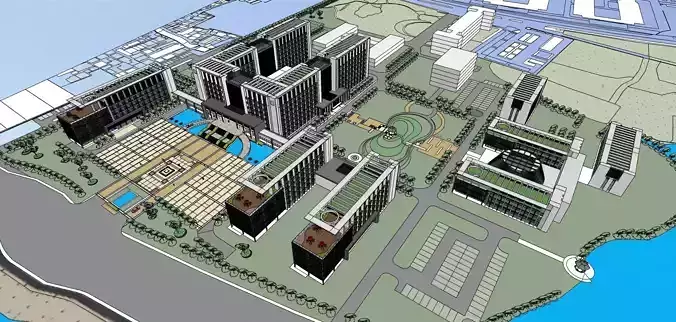 Office building along pedestrian podium highrise sketchup model