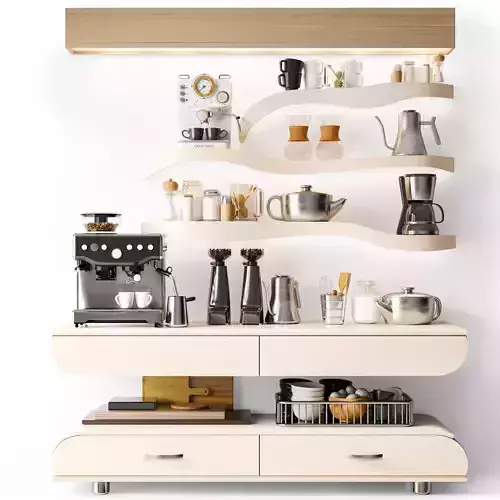 Kitchen wall with dishes and coffee machine