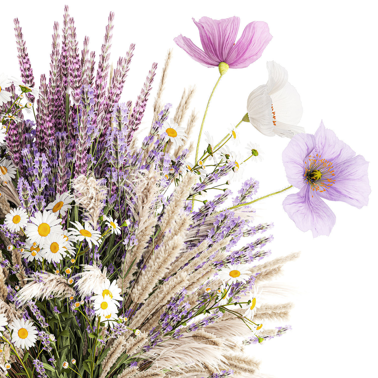 Bouquet of wildflowers lavender chamomile poppy pampas 417 3D model_8
