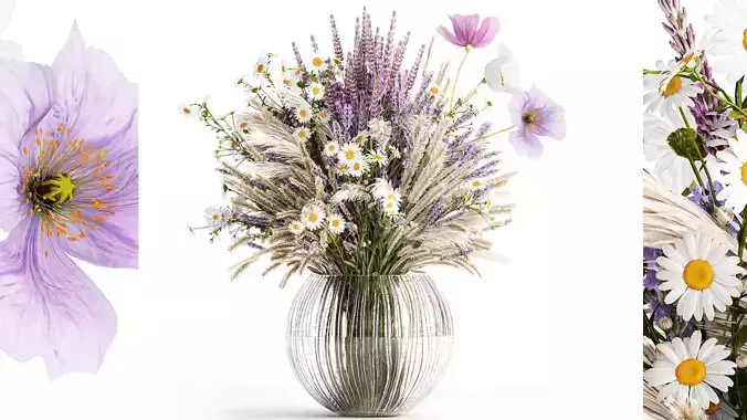 Bouquet of wildflowers lavender chamomile poppy pampas 417 3D model