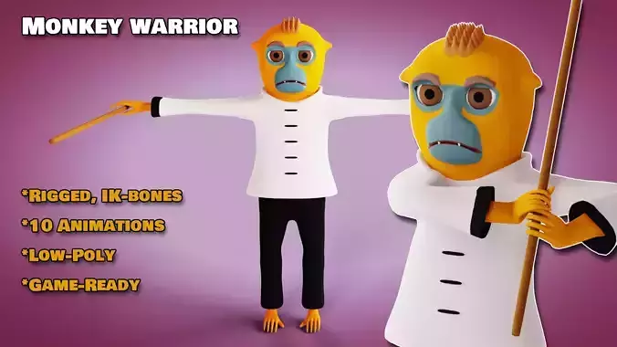 Rigged Kung-fu Warrior Monkey Low-poly 3D model