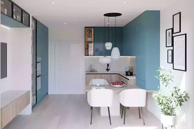 U-Shape modern mini kitchen in blue and walnut 3D model