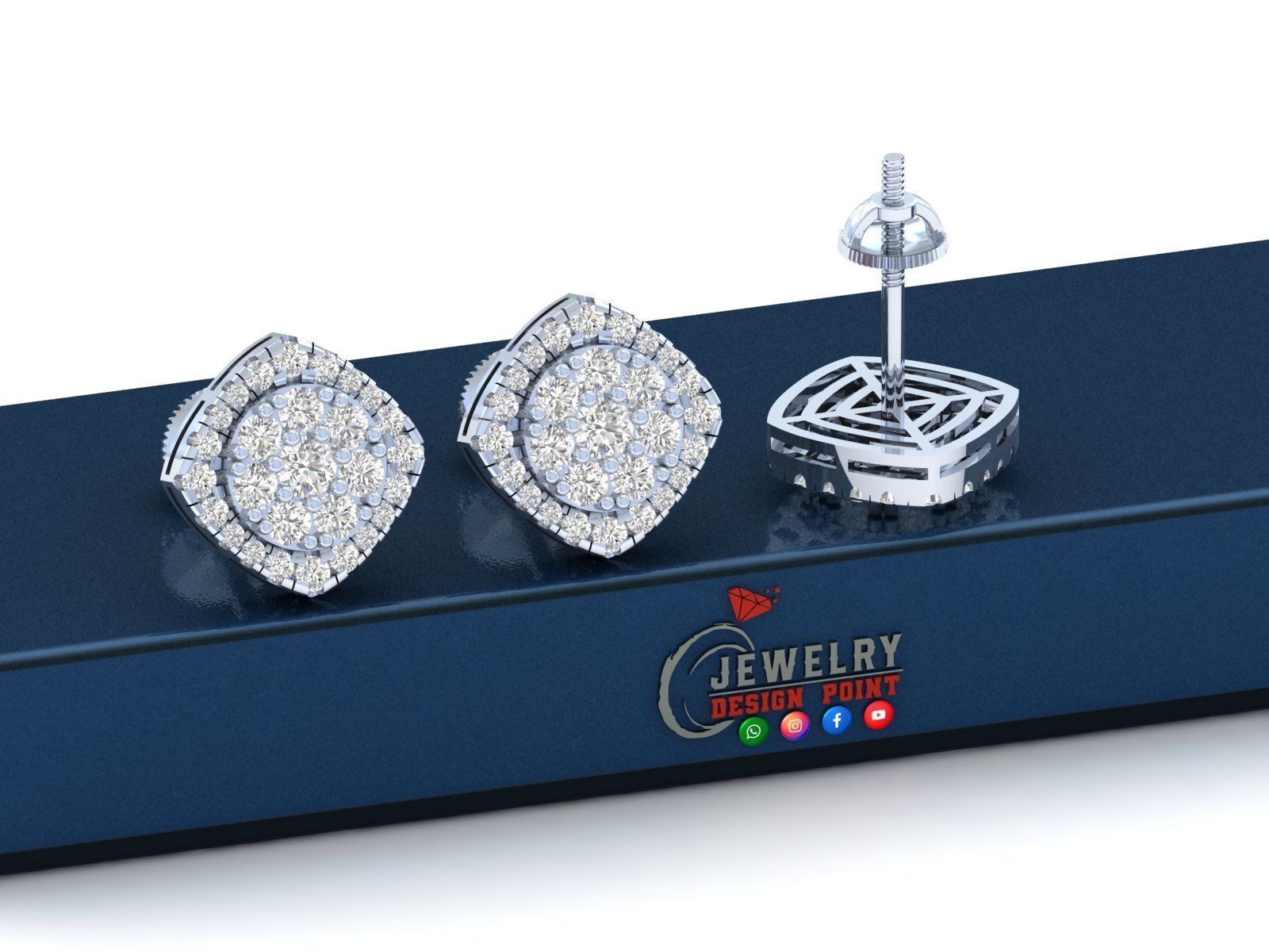 Custom Cushion Square Shape Round Diamond Studs - Earrings 14mm 3D print model_3