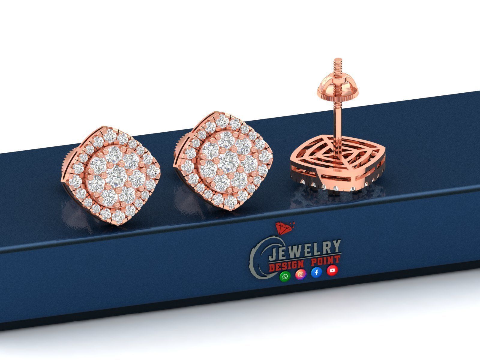 Custom Cushion Square Shape Round Diamond Studs - Earrings 14mm 3D print model_2