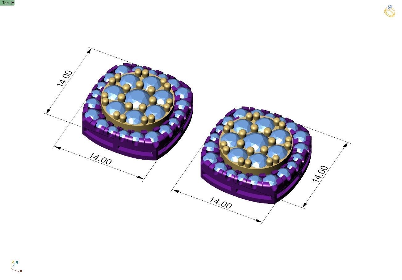 Custom Cushion Square Shape Round Diamond Studs - Earrings 14mm 3D print model_4