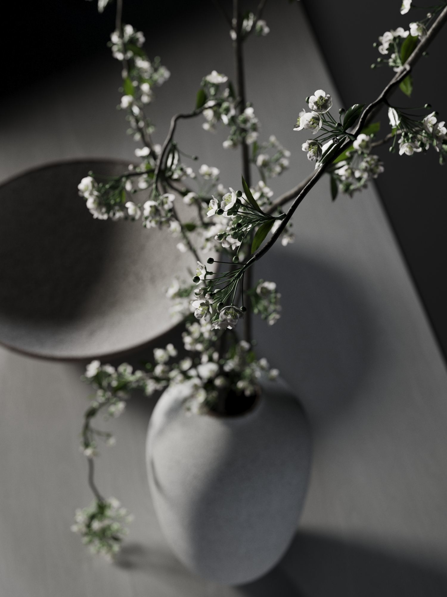 Bowl and Vase with Cherry Plum Twigs 3D model_1