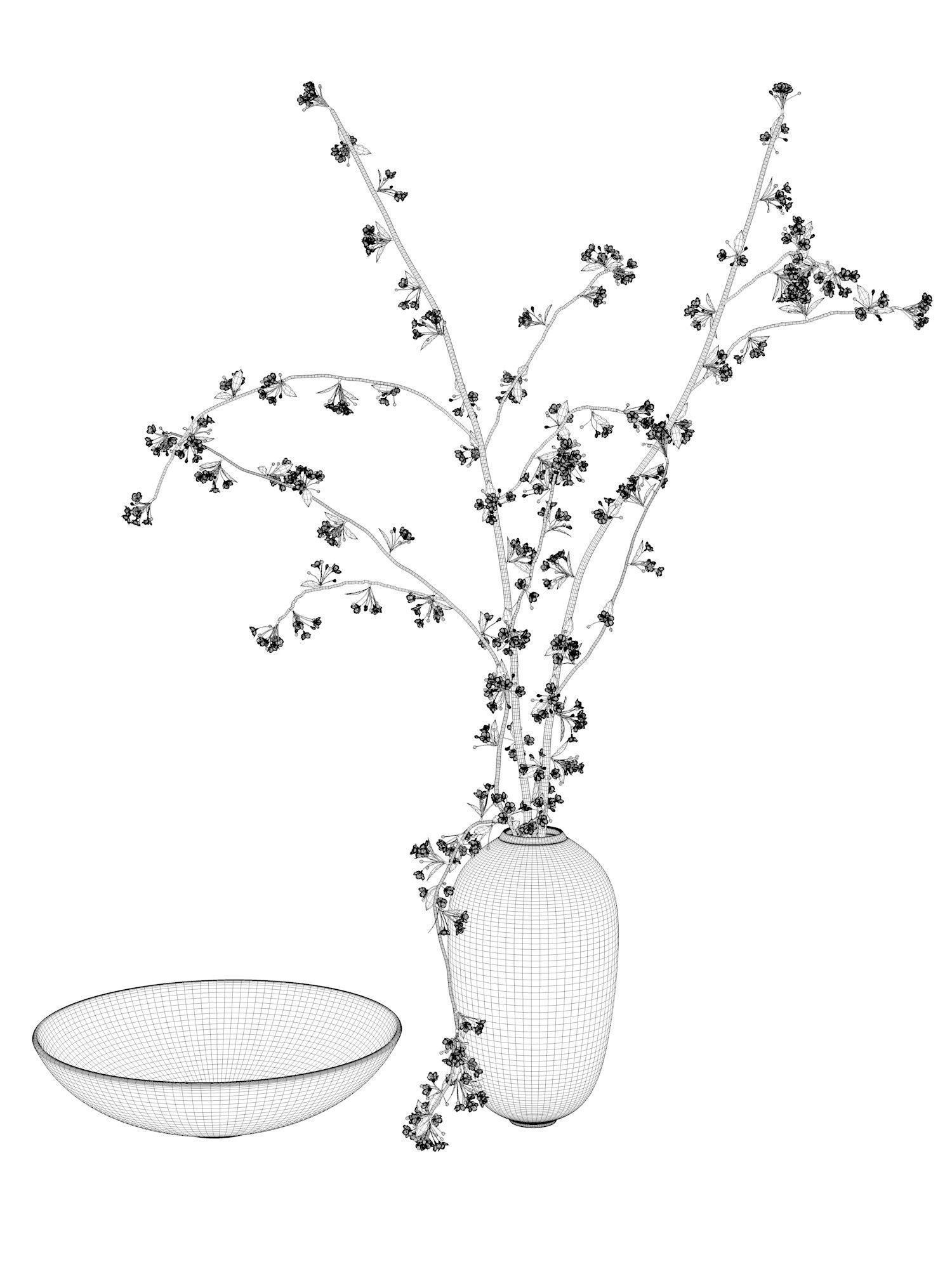 Bowl and Vase with Cherry Plum Twigs 3D model_3
