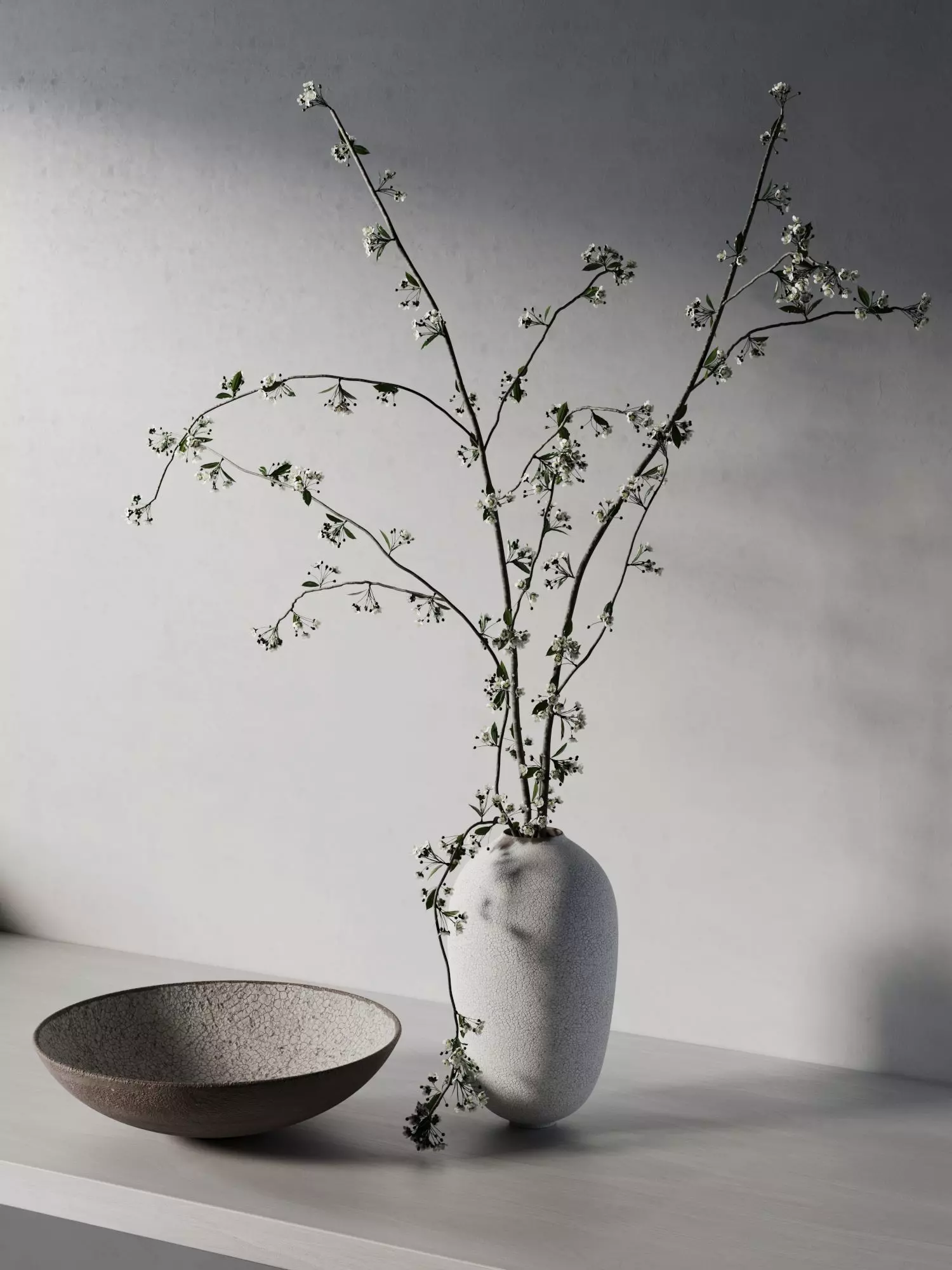 Bowl and Vase with Cherry Plum Twigs 3D model_0