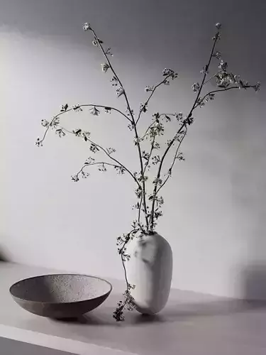 Bowl and Vase with Cherry Plum Twigs 3D model Bowl and Vase with Cherry Plum Twigs 3D model