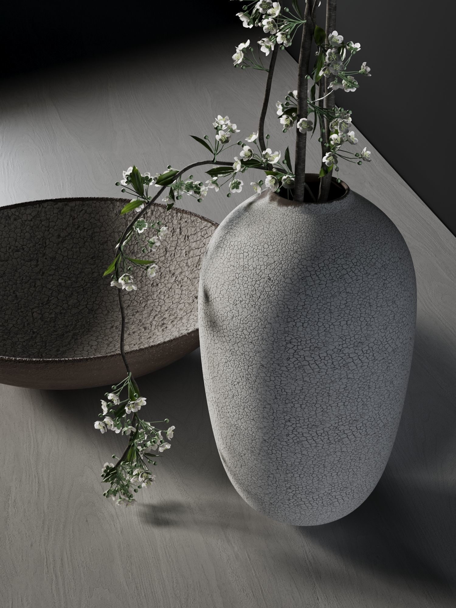 Bowl and Vase with Cherry Plum Twigs 3D model_2