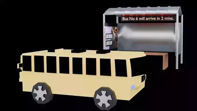  3d modeling low poly  bus and bus stop 