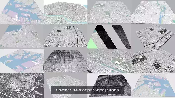 Collection of five cityscapes of Japan 