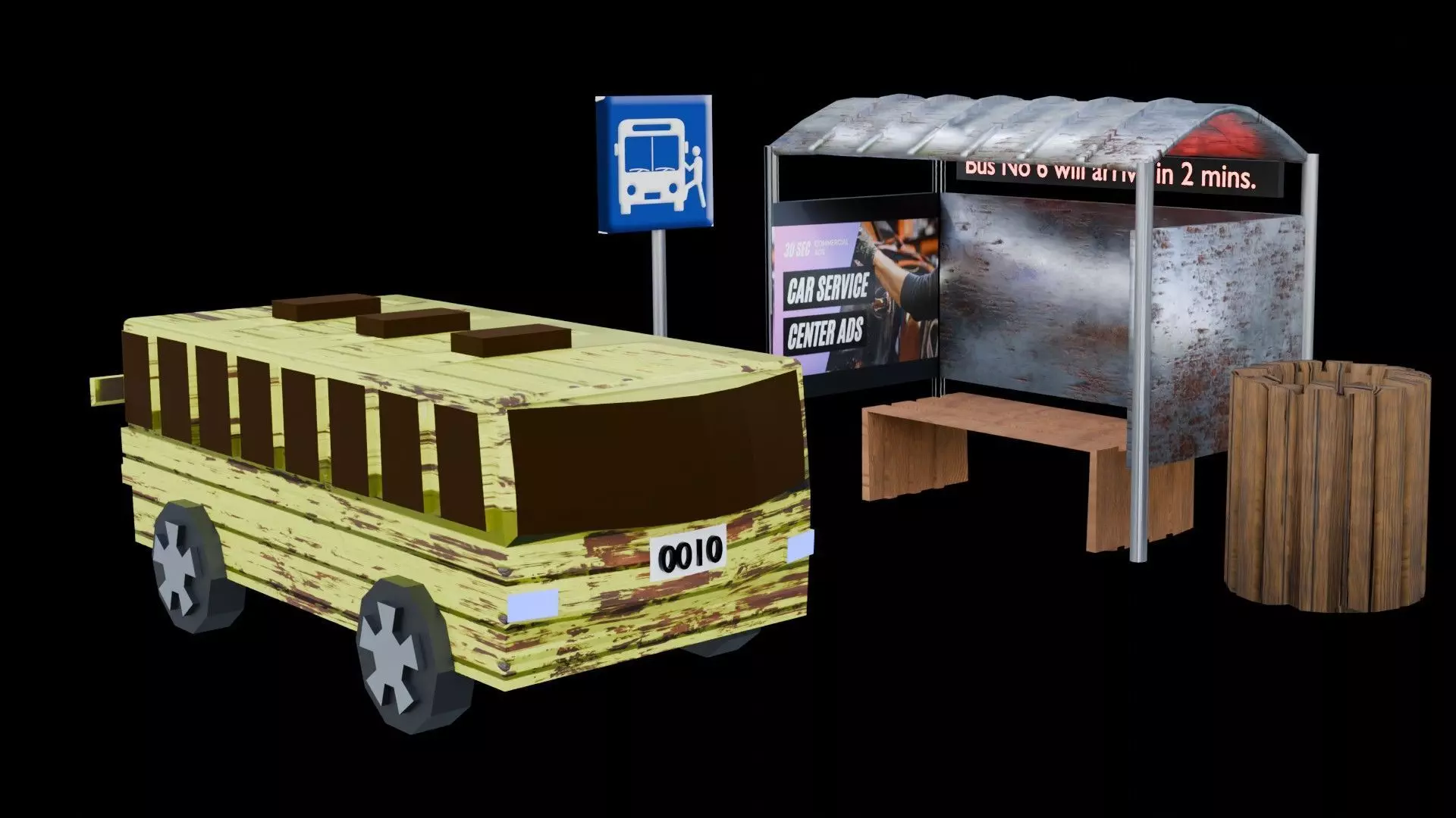 3d modeling low poly old bus and bus stop Low-poly 3D model