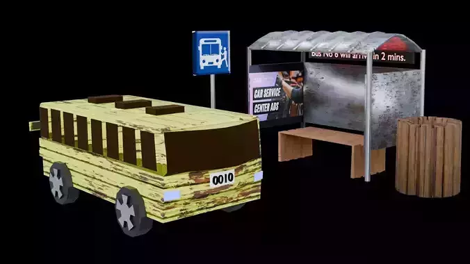 3d modeling low poly  old bus and bus stop 