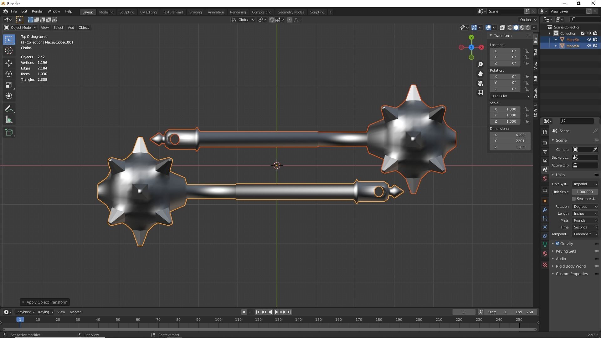 Studded Mace Keychain 3D print model_7