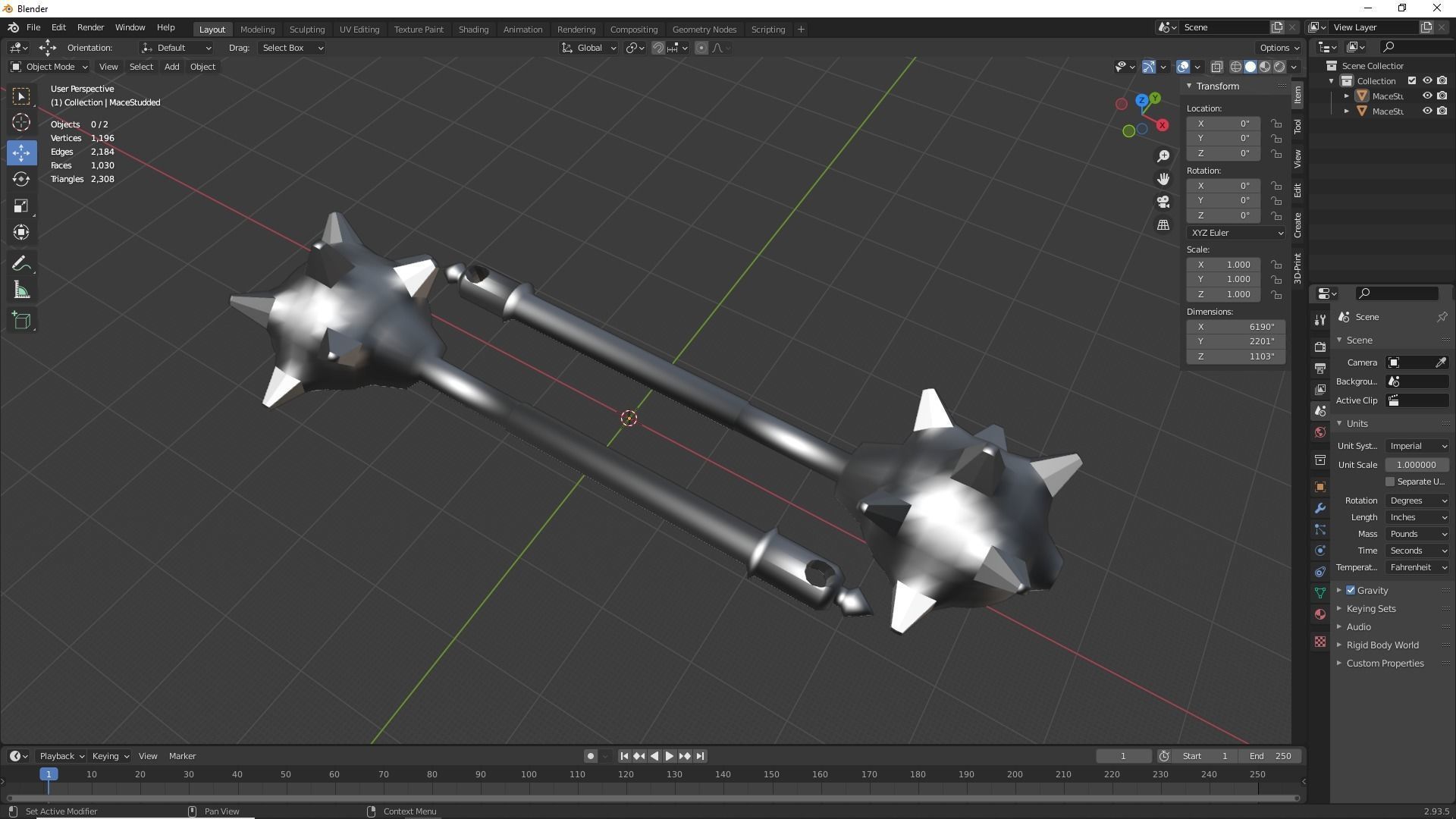 Studded Mace Keychain 3D print model_1