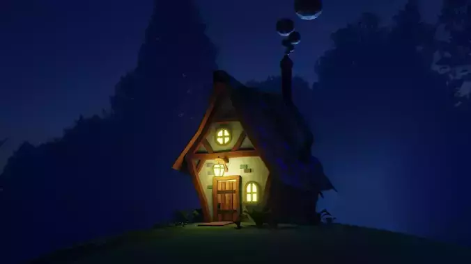 Stylized Night Cabin - Low Poly Cozy Fantasy Forest House
