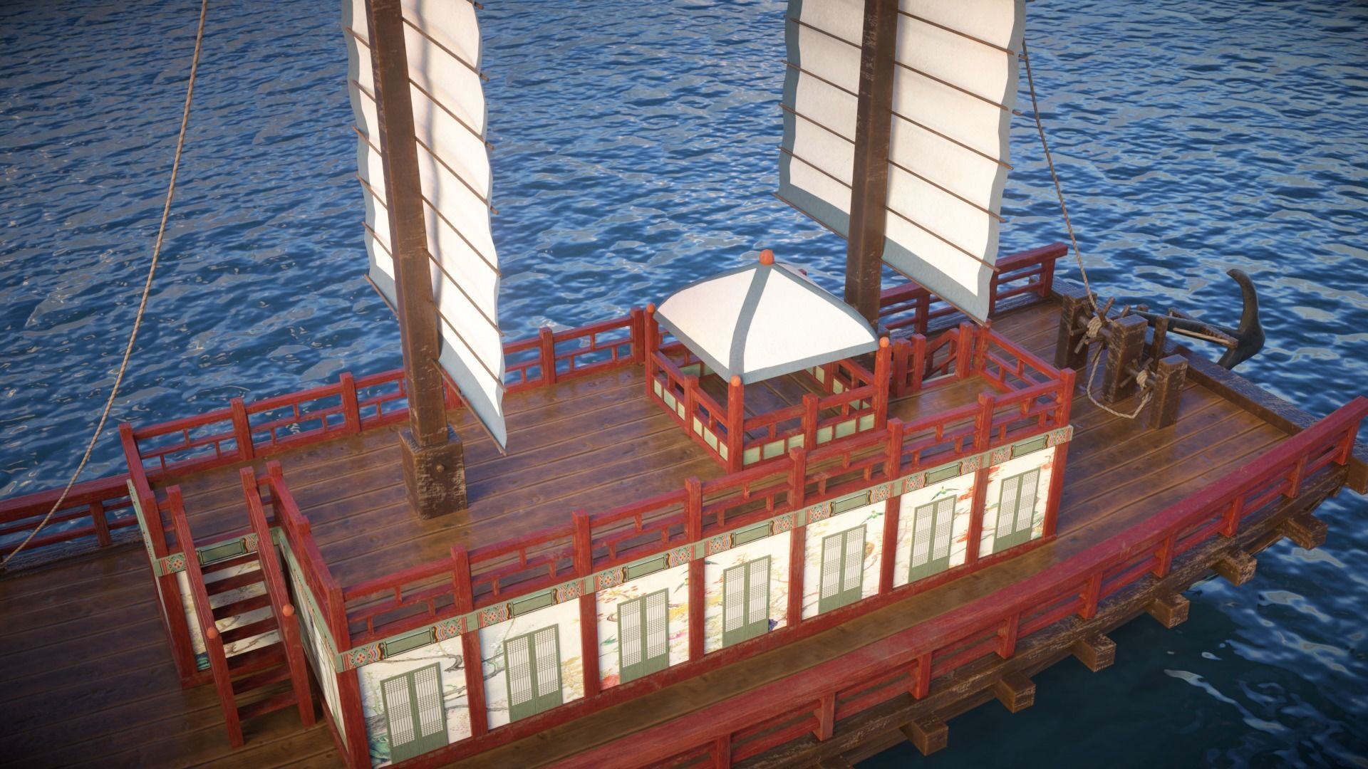 Korean Japanese Medieval Ship Set 3D model_6