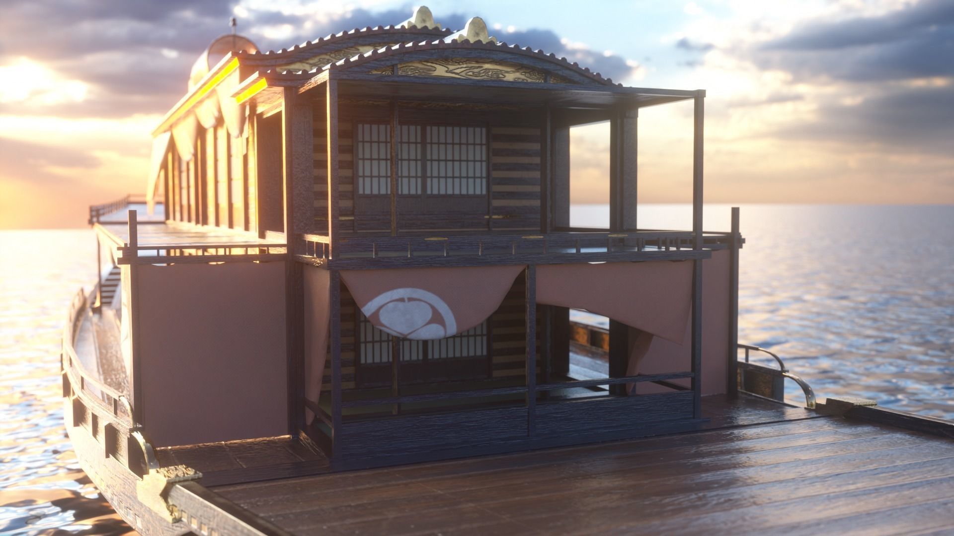 Korean Japanese Medieval Ship Set 3D model_16