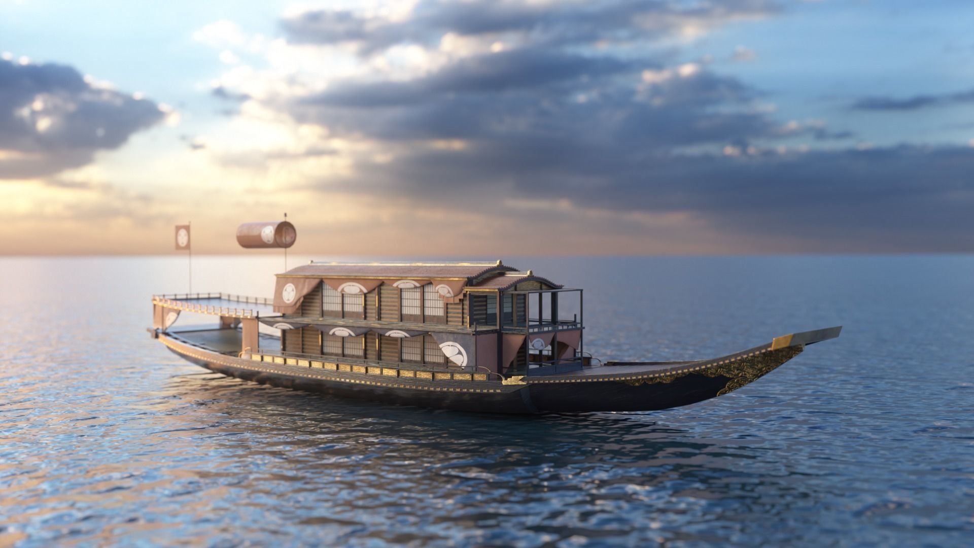 Korean Japanese Medieval Ship Set 3D model_14