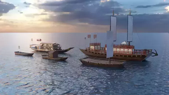 Korean Japanese Medieval Ship Set 3D model