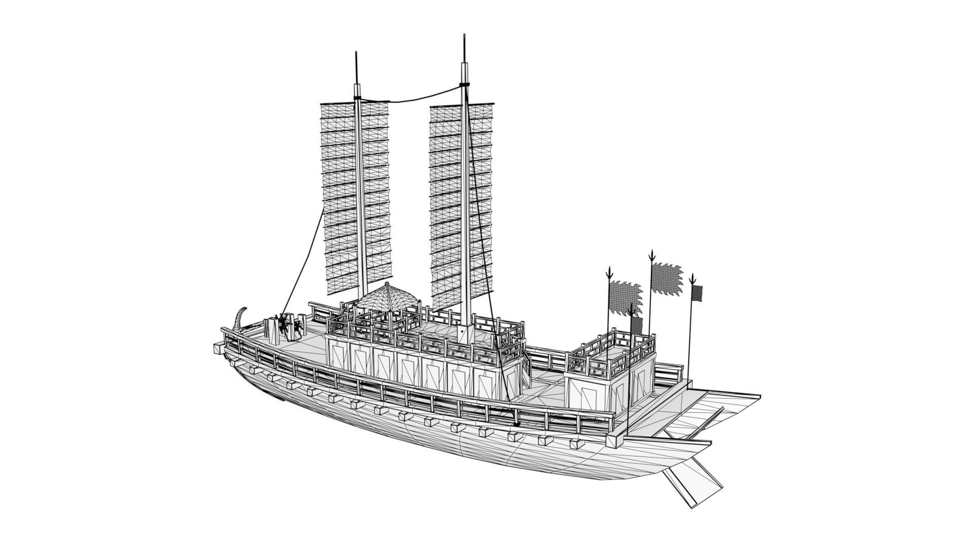 Korean Japanese Medieval Ship Set 3D model_9