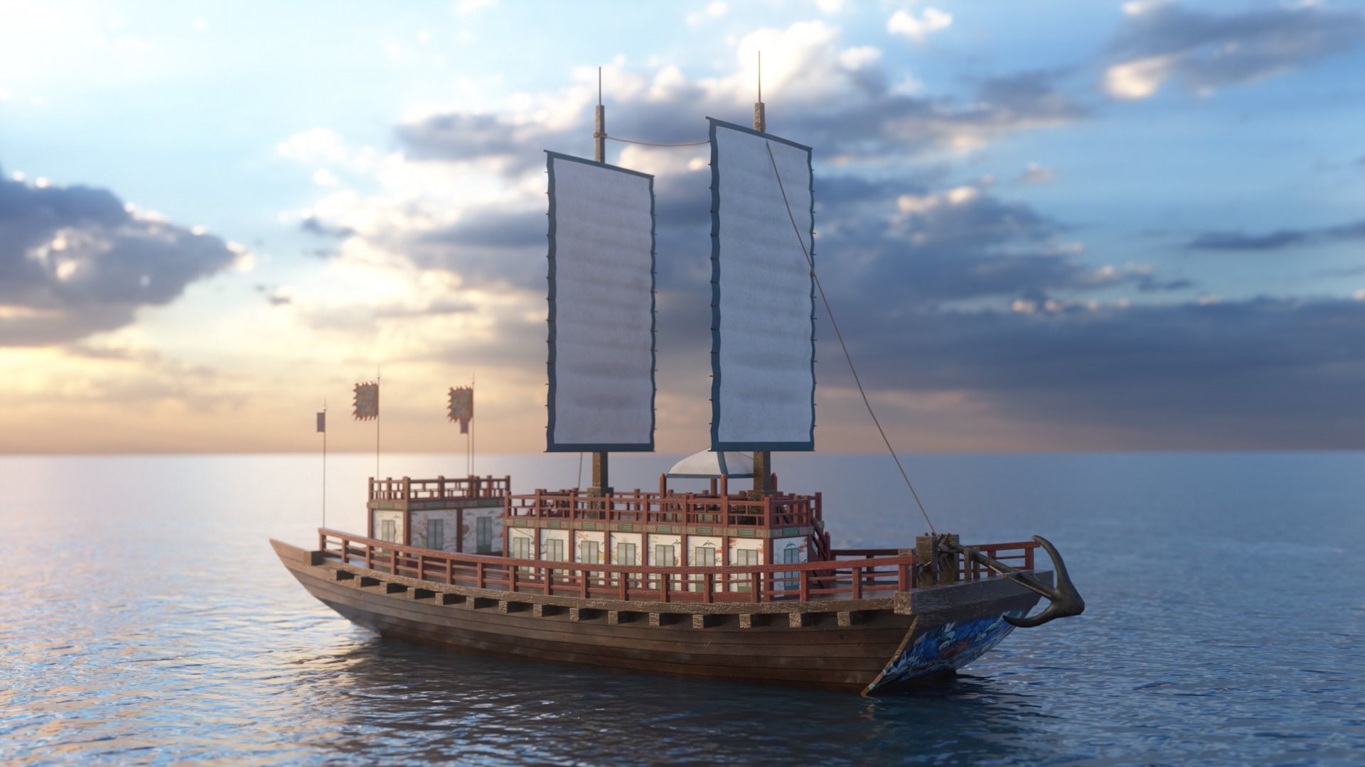 Korean Japanese Medieval Ship Set 3D model_1