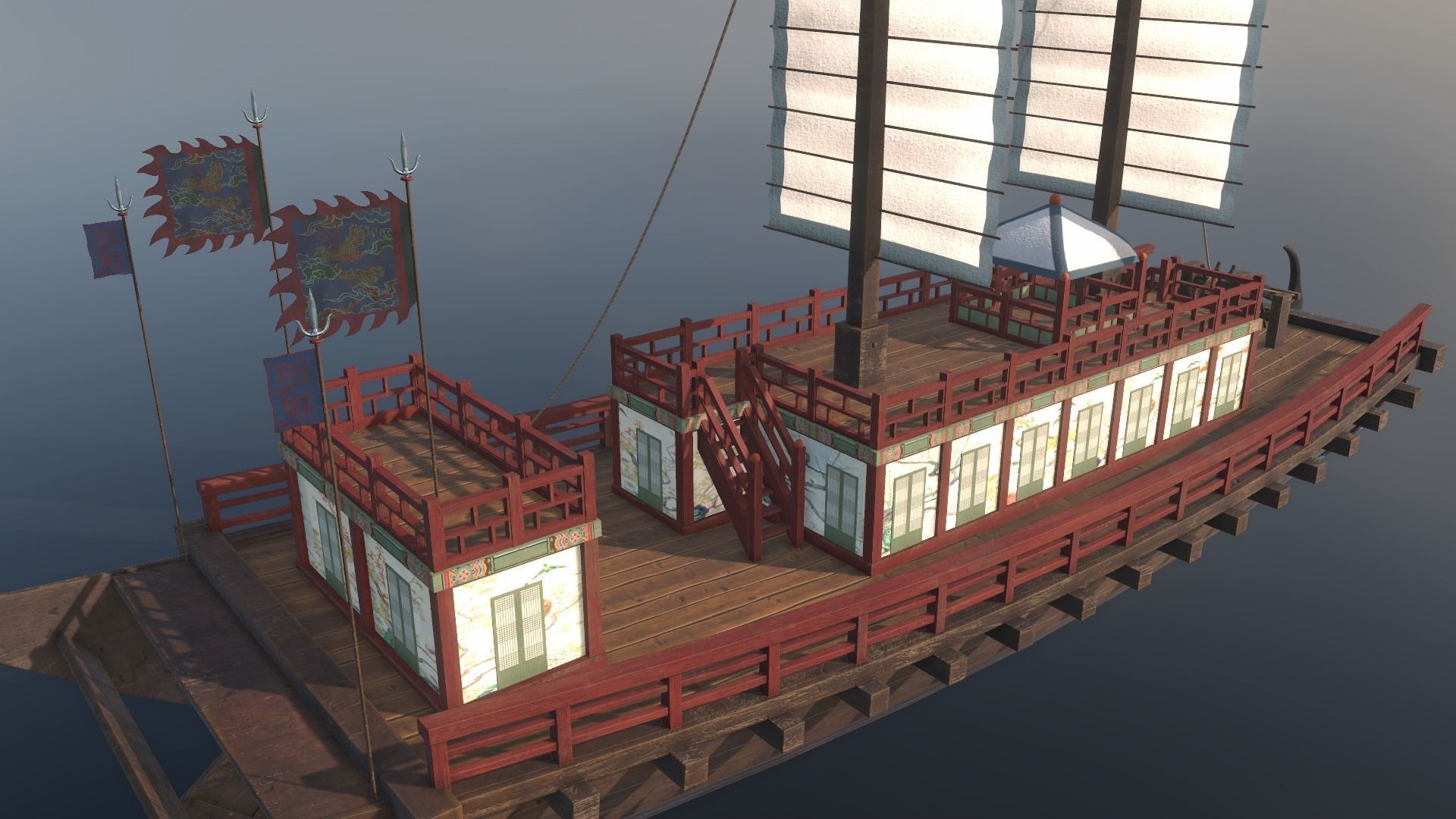 Korean Japanese Medieval Ship Set 3D model_48
