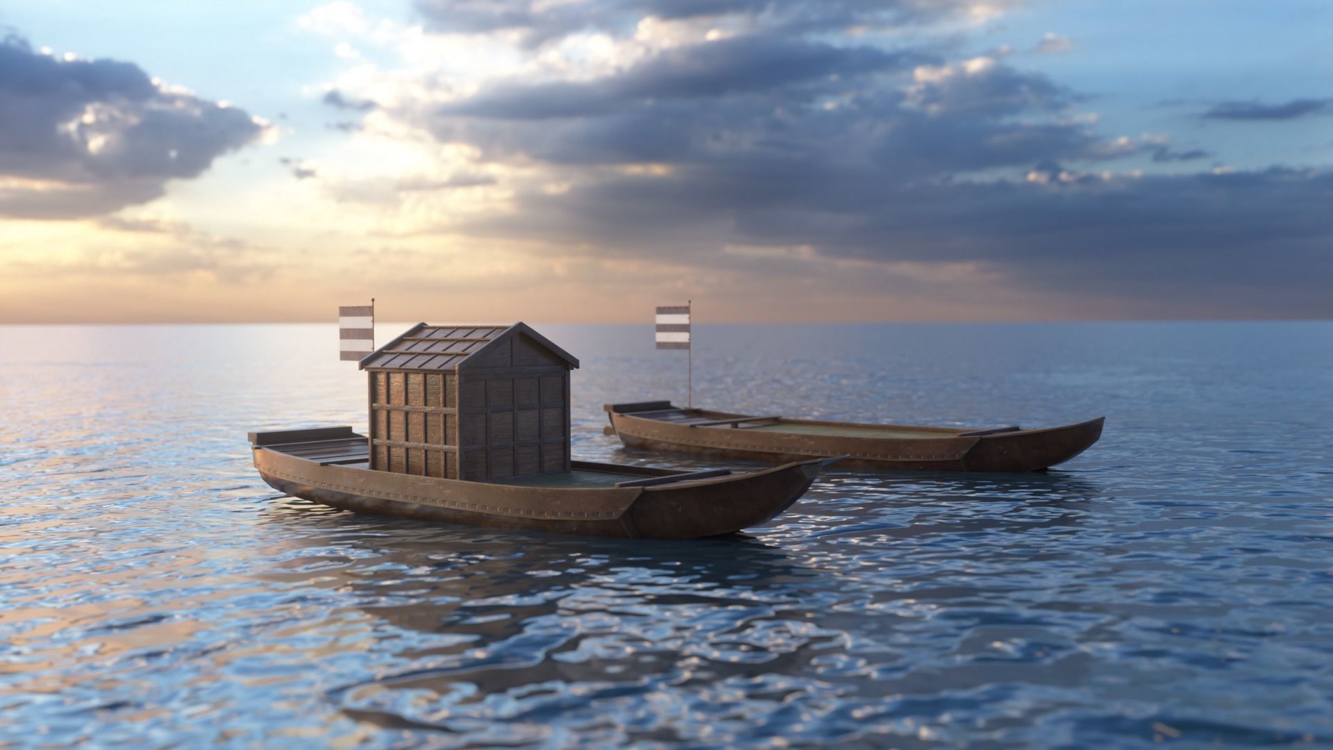 Korean Japanese Medieval Ship Set 3D model_36