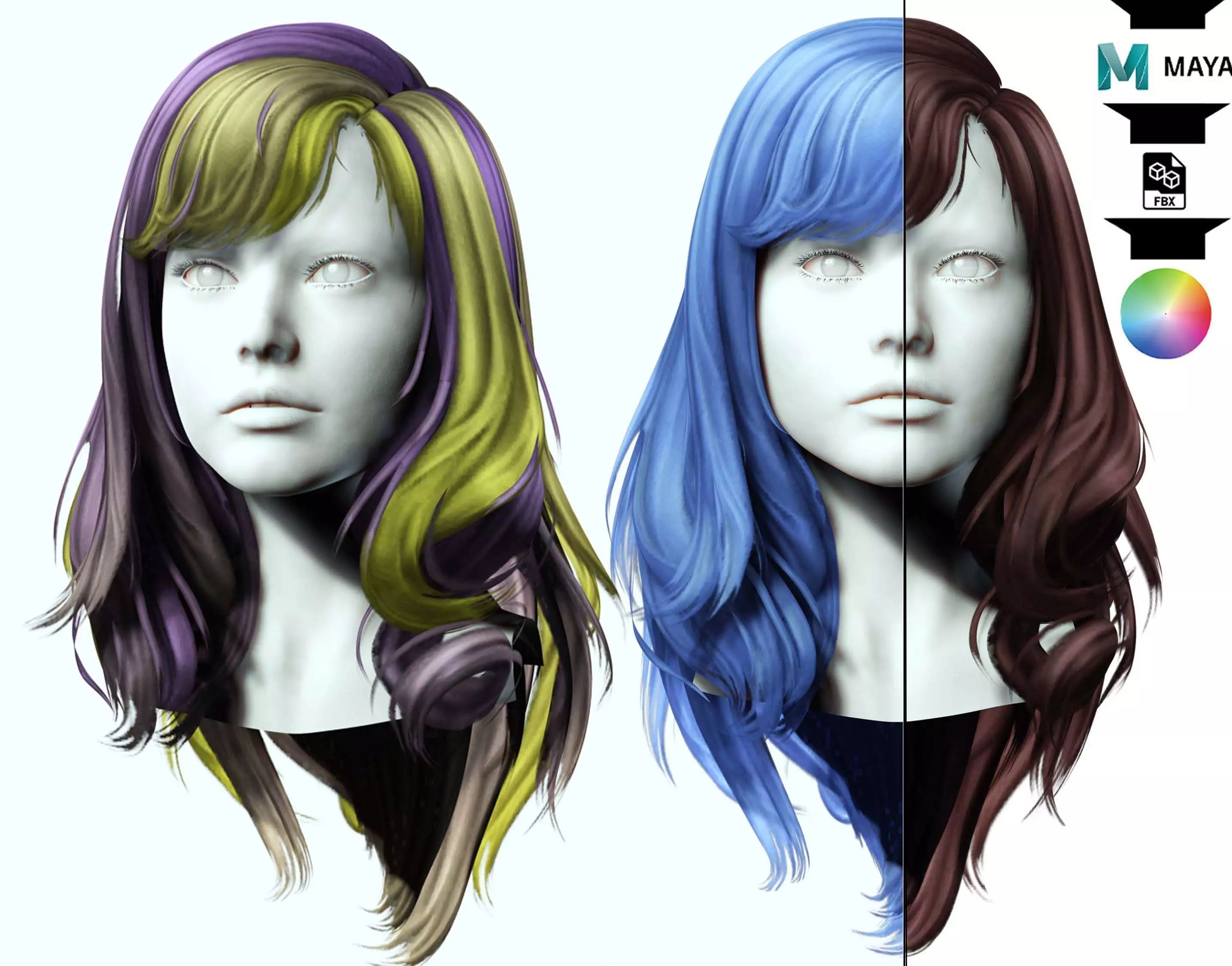 Female Colorable Hair Low-poly 3D model_0