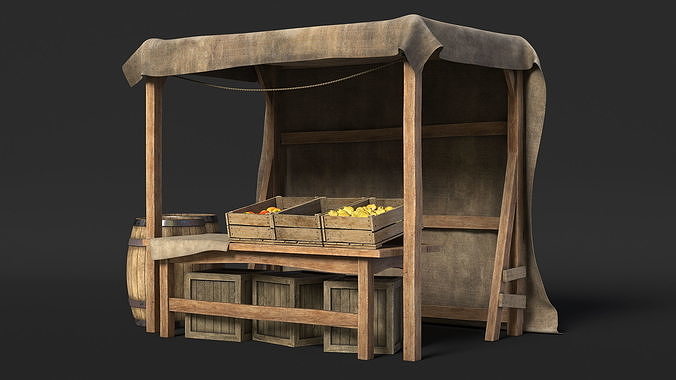 Fantasy Food Market Stall with Awning 3D model 6