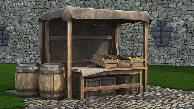 Fantasy Food Market Stall with Awning 3D model 3