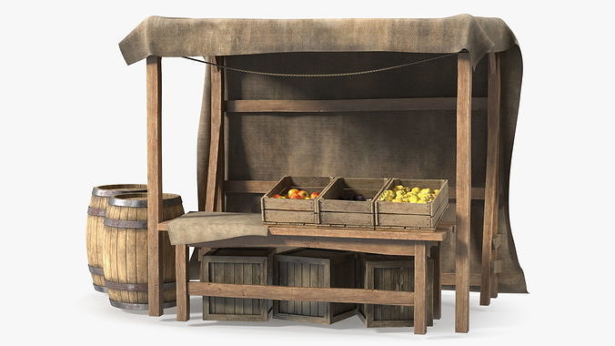 Fantasy Food Market Stall with Awning 3D model 7