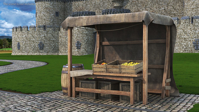 Fantasy Food Market Stall with Awning 3D model 2
