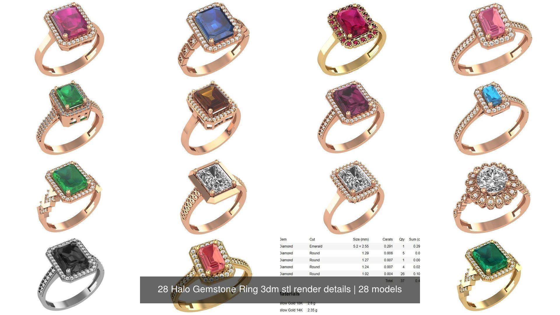 28 Halo Gemstone Ring 3dm stl render details 3D Model Collection_2