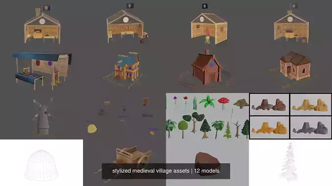 stylized medieval village assets 3D Model Collection