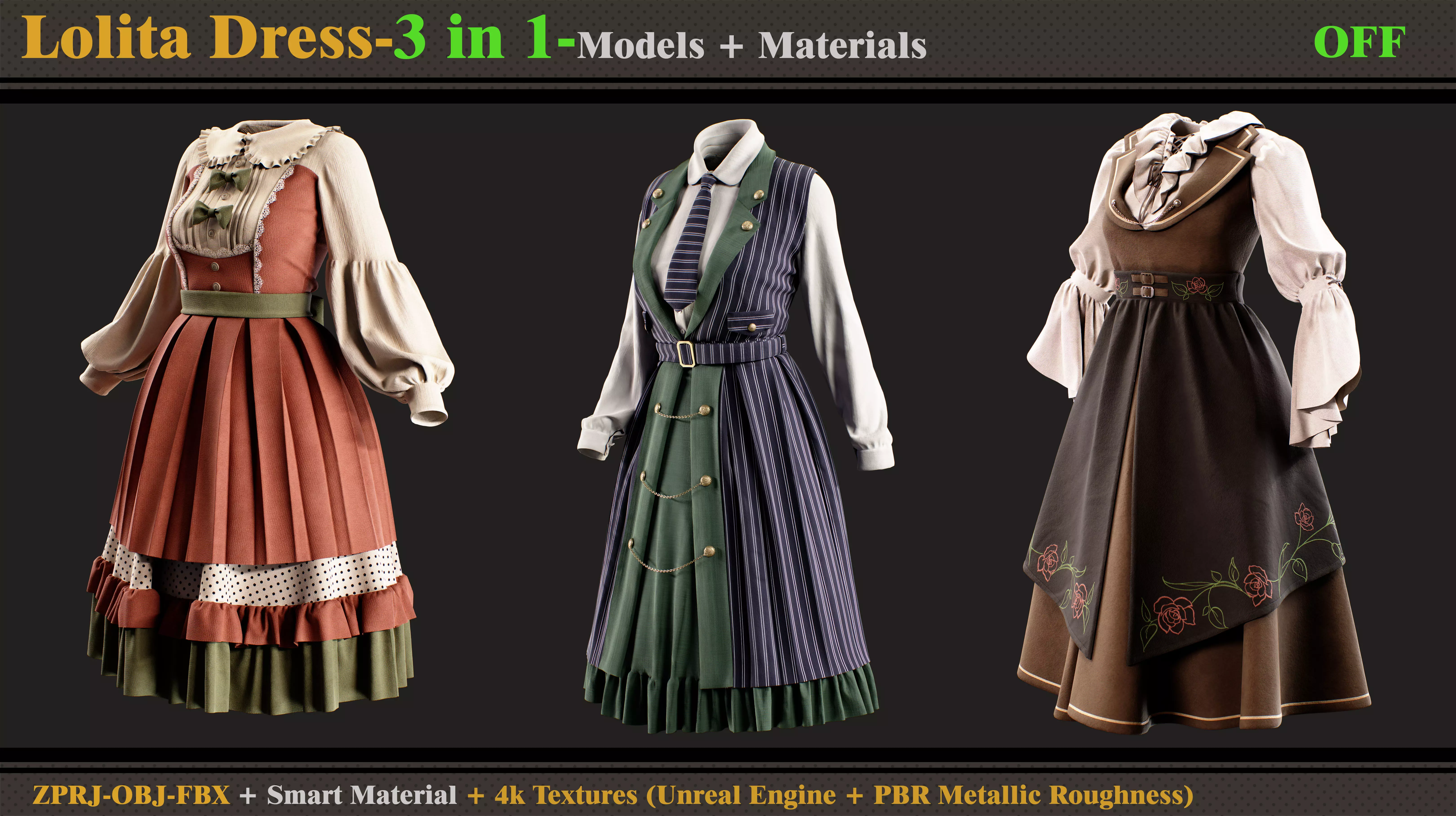 3 in 1 Lolita Dress-Clo3d -OBJ- FBX - Smart Material -Textures 3D model
