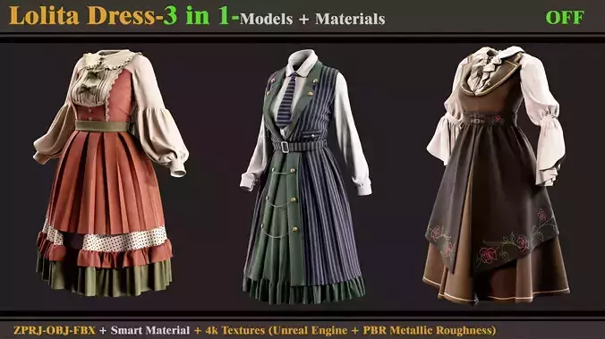3 in 1 Lolita Dress-Clo3d -OBJ- FBX - Smart Material -Textures 