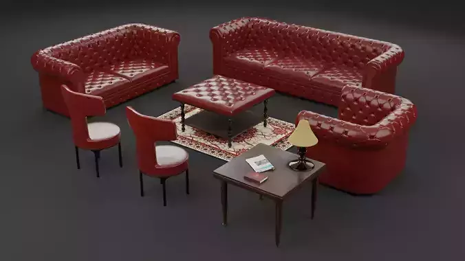 Chesterfield Realistic Leather Red Sofa Full Set Collection