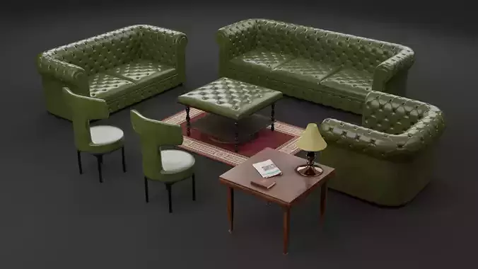 Chesterfield Realistic Leather Antique Green Sofa Set Collection