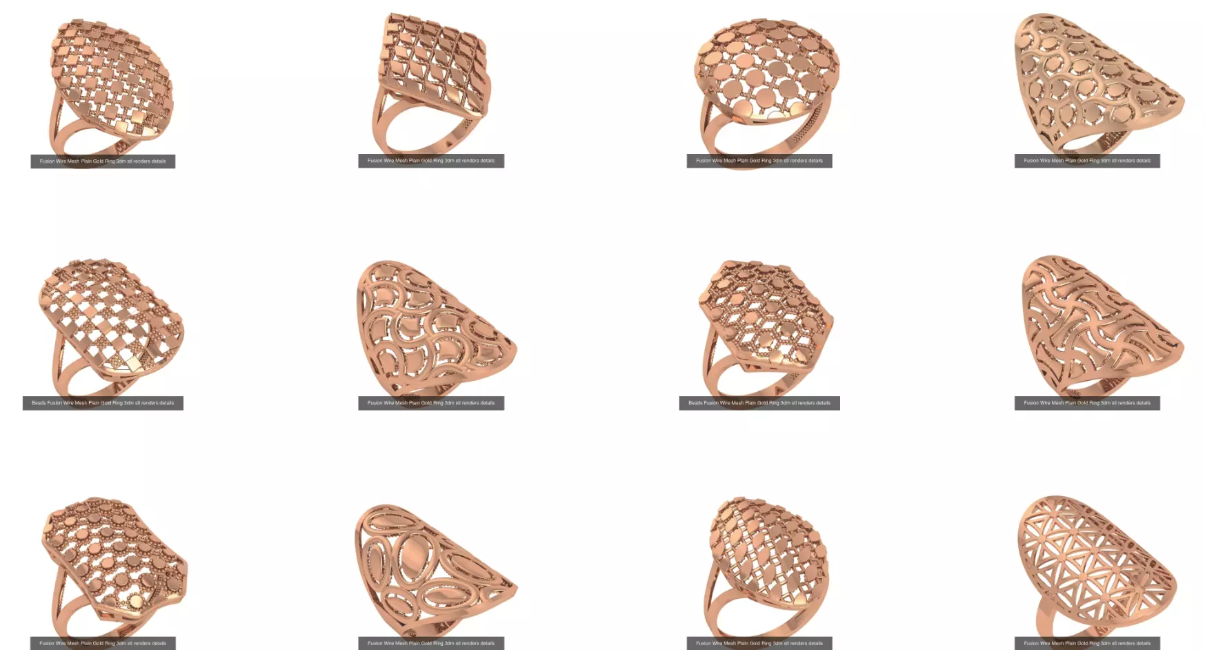 13 Fusion Wire Mesh Bead Top Plain Gold Rings 3dm stl renders 3D Model Collection_0